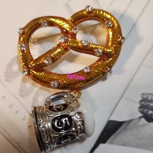 Glam Gold Pretzel Brooch with Silver Mug Charm and Clear Crystals